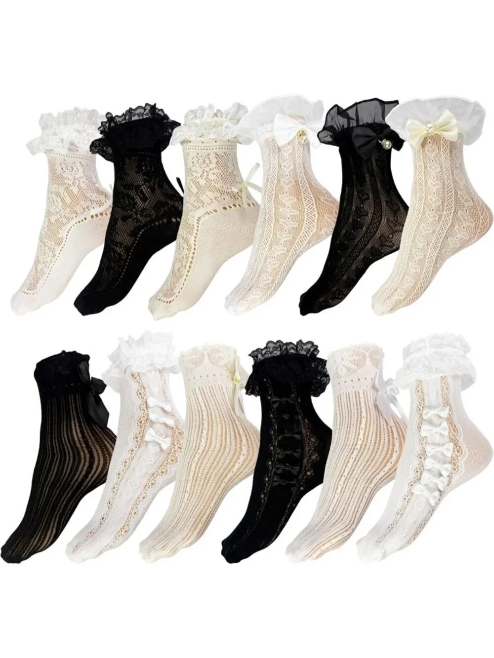 12 Pairs Frilly Ruffle Ankle Socks for Women - Cute Lace Bow Dress Socks